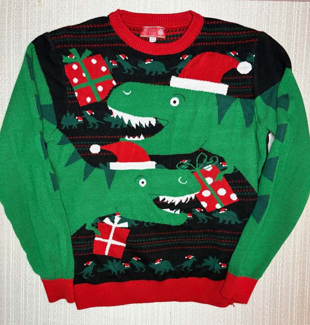 You Look Ugly Today Dinosaur Christmas Sweater with Santa Hats and Presents